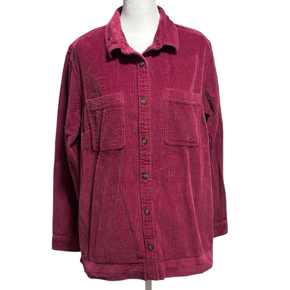 LL Bean Size L Corduroy Button Up Shirt Top Shacket Wide Whale Wine Burgubdy